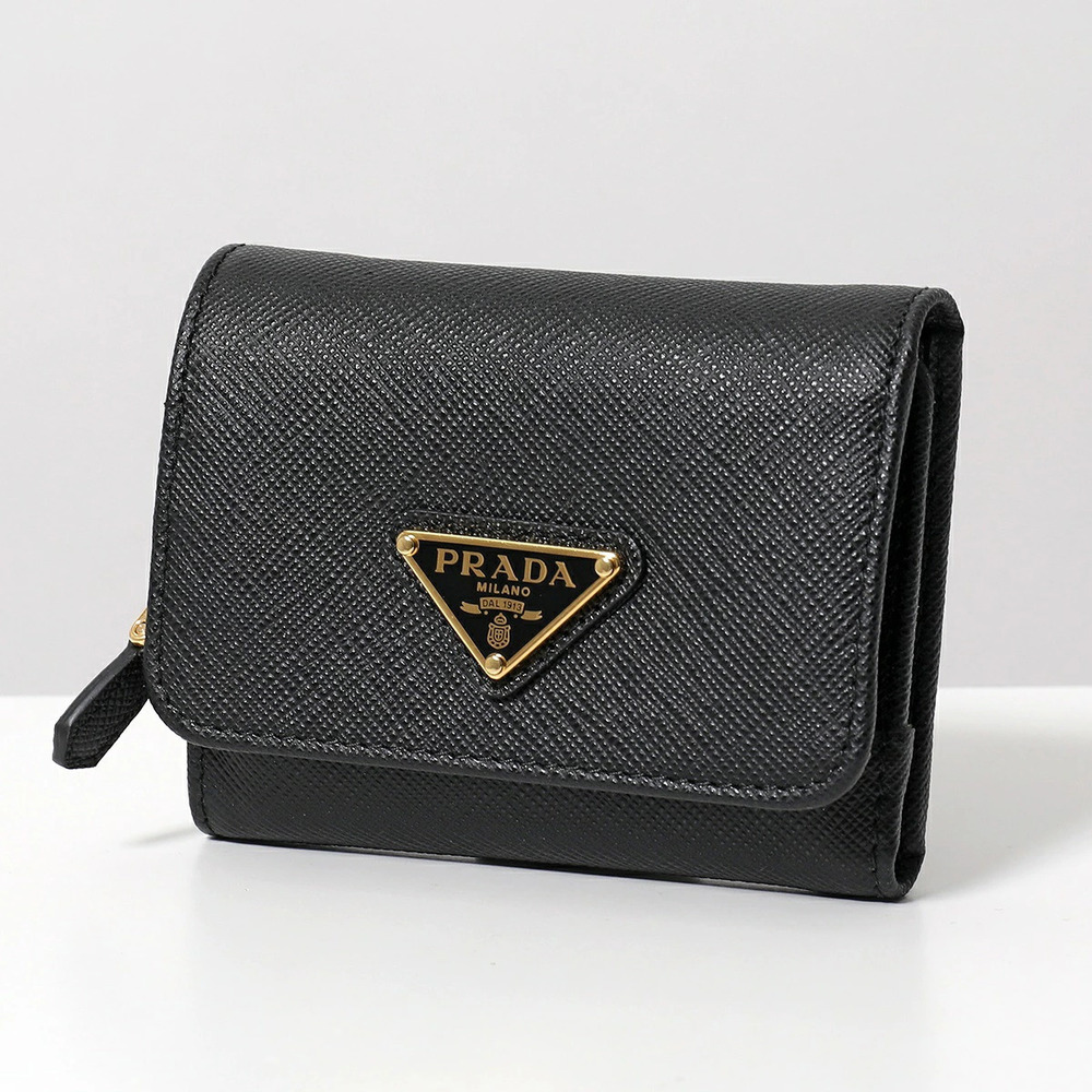 Prada Tri fold Wallet Saffiano Leather Triangle Nero Black